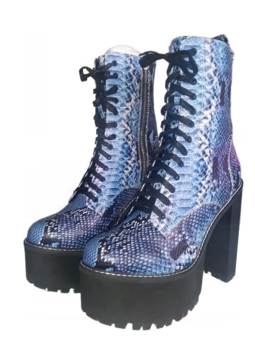 *RARE* "BLUEBERRY HAZE" Blue Snake-Print Platform Lace-Up Boots with Side Zip